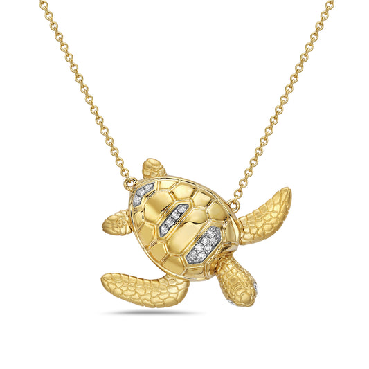 14K 26X24MM TURTLE NECKLACE WITH MOVABLE LIMBS, 16 DIAMONDS 0,11CT 18 INCHES CABLE CHAIN