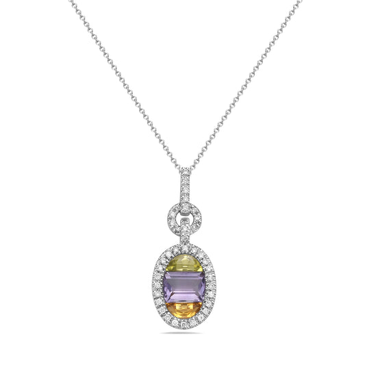 14K 14X10MM OVAL PENDANT WITH 41 DIAMONDS 0.19CT, CITRINE 0.30CT, LIME QUARTZ 0.29CT & PINK AMETHYST 0.91CT ON 18 INCHES 1.3G CABLE CHAIN