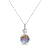 14K 12MM ROUND PENDANT WITH 43 DIAMONDS 0.17CT, CITRINE 0.34CT, BLUE TOPAZ 0.42CT & AMETHYST 0.64CT ON 18 INCHES 1.3G CABLE CHAIN
