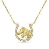 14K DOUBLE HORSE HEAD NECKLACE 37 DIAMONDS 0.20C, 18"