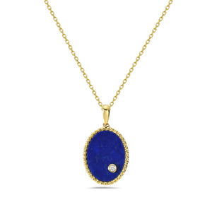14KY 16X12 OVAL PENDANT WITH 1 DIAMOND 0.03CT & LAPIS ON 18" CABLE CHAIN