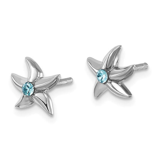 Sterling Silver Rhodium-plated Polished Crystal Starfish Post Earrings