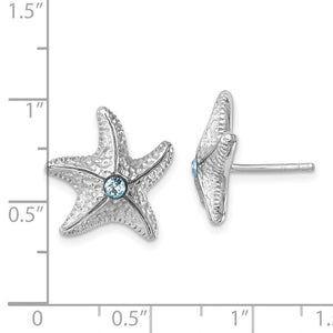 Sterling Silver Rhodium-Plated Polished and Textured Crystal Starfish Post Earrings