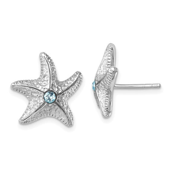 Sterling Silver Rhodium-Plated Polished and Textured Crystal Starfish Post Earrings
