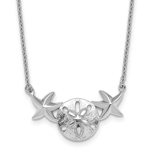 Sterling Silver Rhodium-Plated Polished Sand Dollar and Starfish 16.5" with a 2 inch extension Necklace