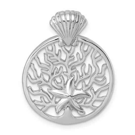 Sterling Silver Rhodium-plated Polished Starfish and Scallop Shell Reef Pendant
