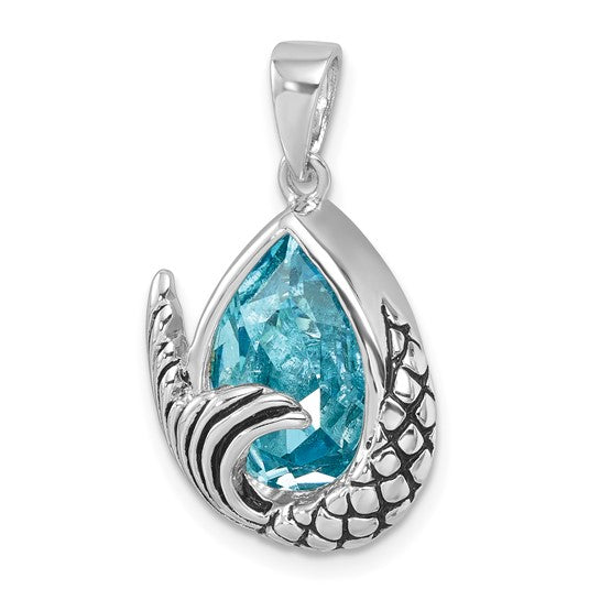 Sterling Silver Rhodium-Plated Polished and Antiqued Crystal Mermaid Tail Pendant