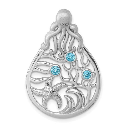 Sterling Silver Rhodium-plated Polished Octopus and Starfish Sea Life Scene Pendant
