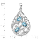 Sterling Silver Rhodium-plated Polished Triple Crystal Turtle Ocean Wave Pendant