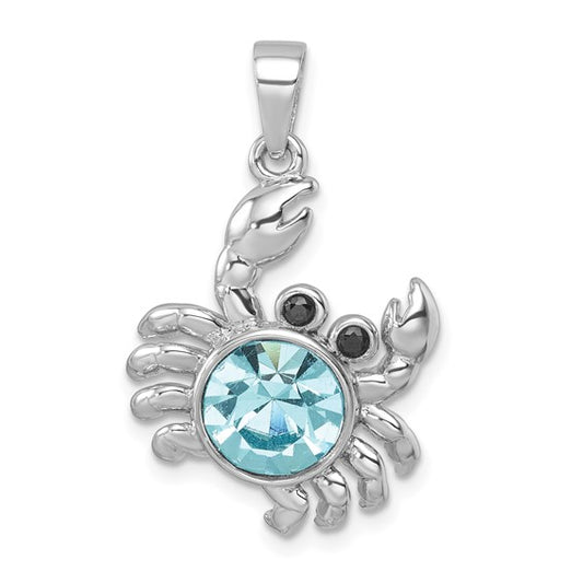 Sterling Silver Rhodium-plated Polished Round Crystal Crab Pendant