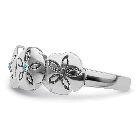 Sterling Silver Rhodium-plated Polished Blue Crystal 5 Sand Dollar Ring