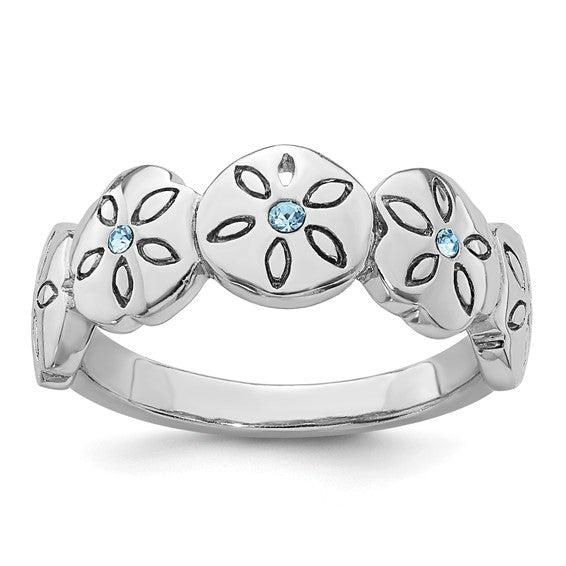 Sterling Silver Rhodium-plated Polished Blue Crystal 5 Sand Dollar Ring