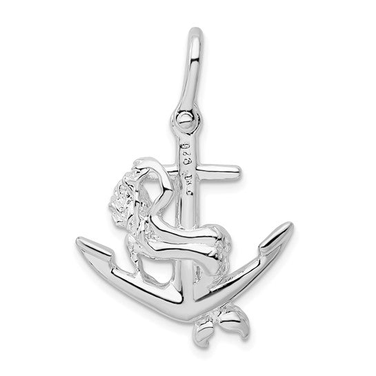 Sterling Silver Rhodium-Plated Polished 3D Anchor with Mermaid Pendant