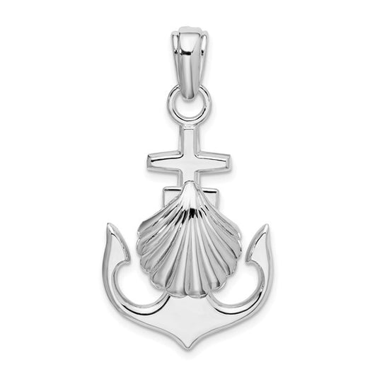 Sterling Silver Rhodium-Plated Polished Anchor with Scallop Shell Pendant