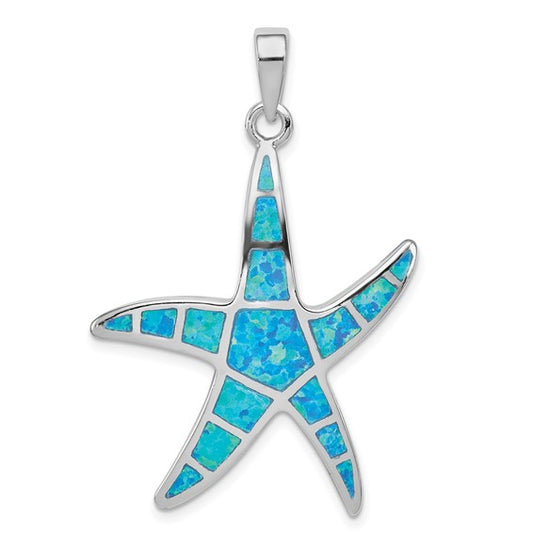 Sterling Silver Rhodium-plated Blue Inlay Created Opal Starfish Pendant