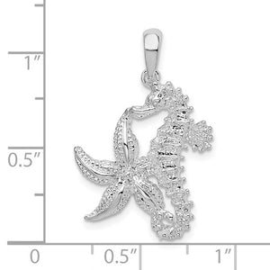 Sterling Silver Rhodium-Plated Polished Starfish and Seahorse Pendant