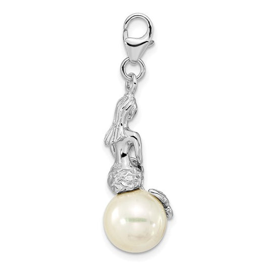 Amore La Vita Sterling Silver Rhodium-plated 3-D Mother of Pearl Mermaid Charm with Fancy Lobster Clasp