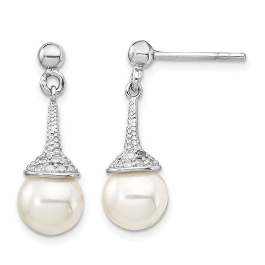 Sterling Silver Rhodium-plated CZ and Imitation Shell Pearl Dangle Earrings