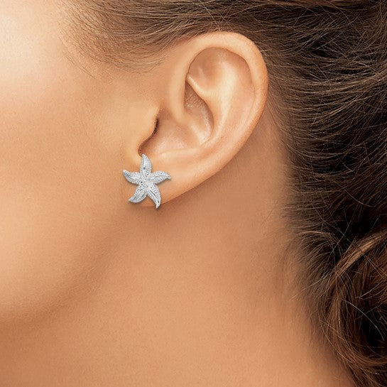 Sterling Silver Rhodium-Plated Polished Small Starfish Post Earrings
