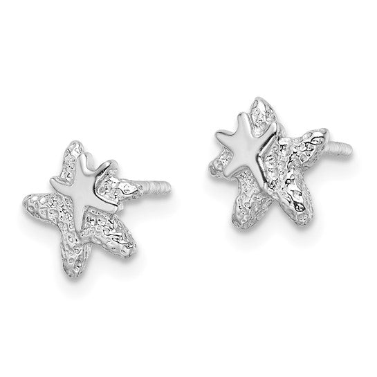Sterling Silver RH-plated Polished and Textured Starfish Earrings