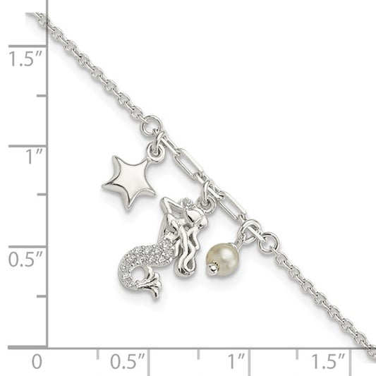 Sterling Silver CZ Mermaid/Star/Glass Pearl Bracelet