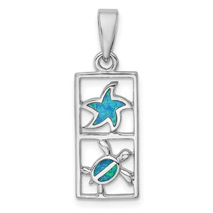Sterling Silver Rhodium-plated Blue Created Opal Starfish Turtle Pendant