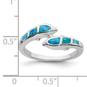 Sterling Silver Rhodium Created Blue Opal Dolphins Ring