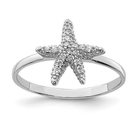 Sterling Silver Rhodium-plated Polished CZ Starfish Ring