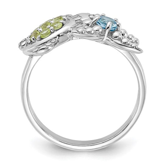 Sterling Silver Rhodium-plated Peridot and Light Swiss Blue Topaz Turtle and Starfish Ring