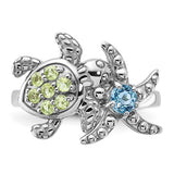 Sterling Silver Rhodium-plated Peridot and Light Swiss Blue Topaz Turtle and Starfish Ring