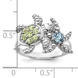 Sterling Silver Rhodium-plated Peridot and Light Swiss Blue Topaz Turtle and Starfish Ring