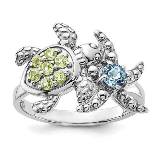 Sterling Silver Rhodium-plated Peridot and Light Swiss Blue Topaz Turtle and Starfish Ring