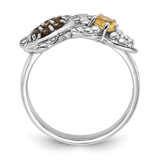 Sterling Silver Rh-plated Smoky Quartz and Citrine Turtle and Starfish Ring