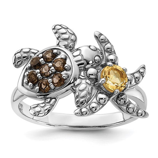 Sterling Silver Rh-plated Smoky Quartz and Citrine Turtle and Starfish Ring