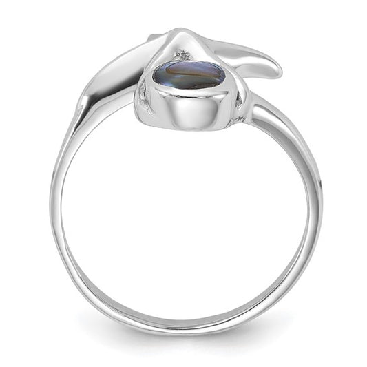 Sterling Silver Rhodium-Plated Polished Round Abalone with Starfish Ring