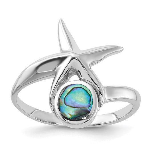 Sterling Silver Rhodium-Plated Polished Round Abalone with Starfish Ring