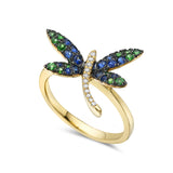 14KY 18X14MM DRAGONFLY RING WITH 14 BLUE 0.30CT, 11 DIAMONDS 0.05CT & 14 GREEN GARNETS 0.23CTSAPPHIRES