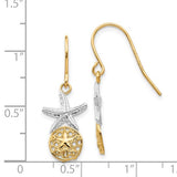14k and Rhodium Starfish with Sand Dollar Shepherd Hook Earrings