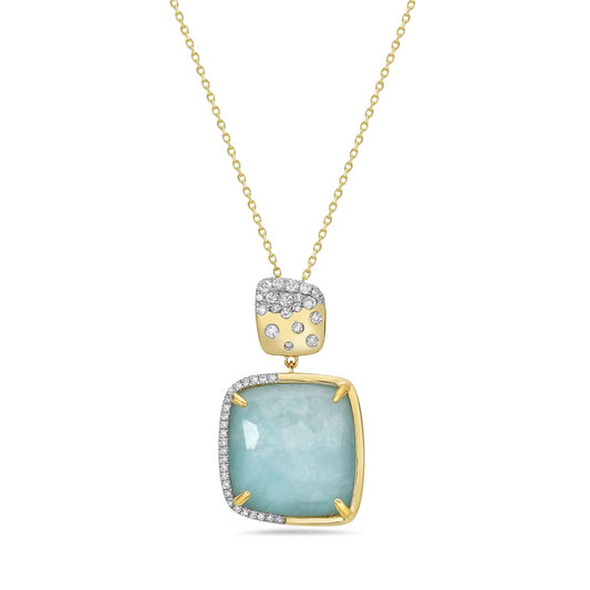 14KY 17MM CUSHION AMAZONITE DOUBLET PENDANT WITH 45 DIAMONDS 0.28CT ON 18" CABLE CHAIN