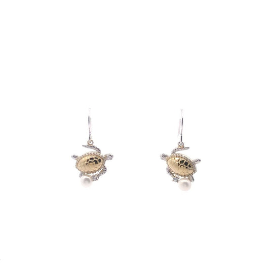 18k Yellow Gold Turtle Earrings With Fresh Water Pearl