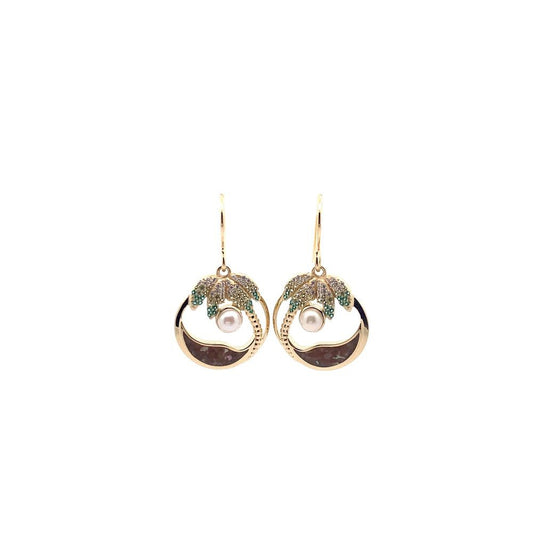 Gold Plated Two Tone Palm Tree Earrings With White Pearls