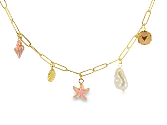 18k Gold Plated Stainless Steel gold and pink starfish, shell, water pearl Charm Necklace