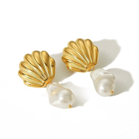 Scallop Shell with Simulated Pearl Waterdrop Dangle Earrings