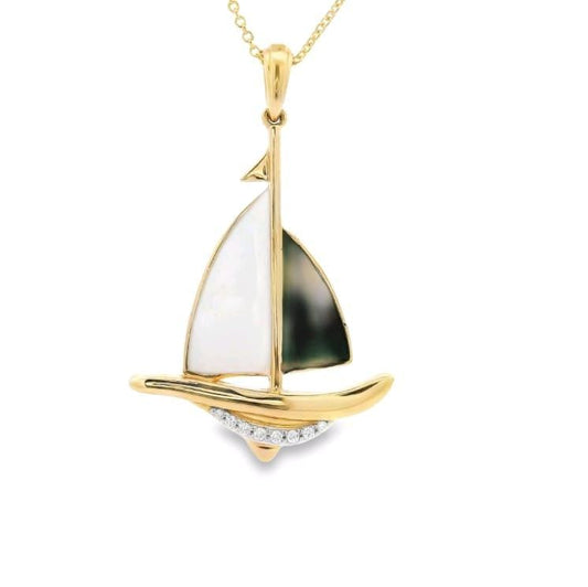14K 29X22MM SAILBOAT PENDANT WITH 8 DIAMONDS 0.04CT & WHITE & BLACK ENAMEL ON 18 INCHES CABLE CHAIN