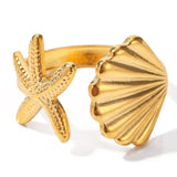 Shell with Textured Starfish Open Cuff Ring