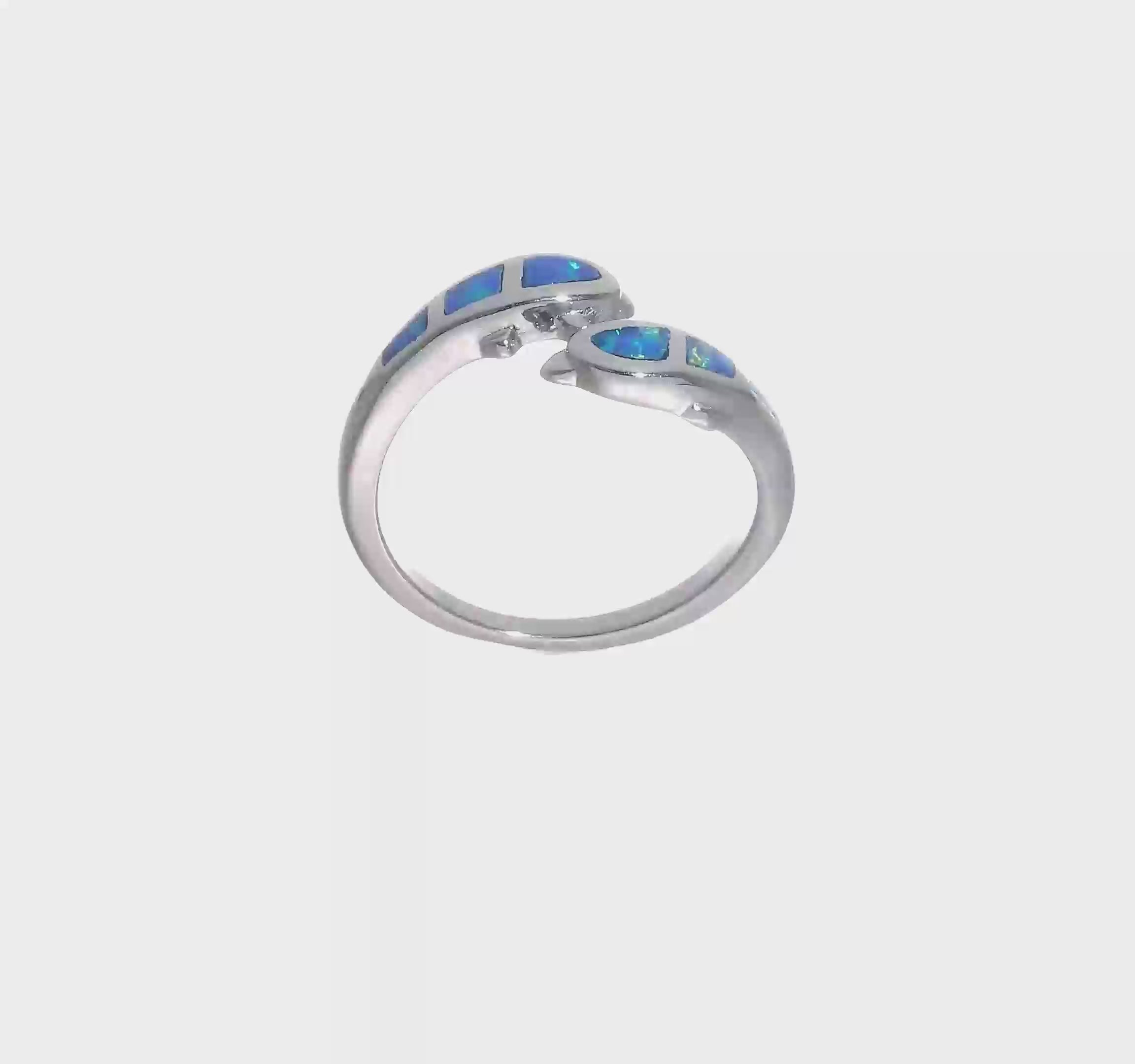 Sterling Silver Rhodium Created Blue Opal Dolphins Ring