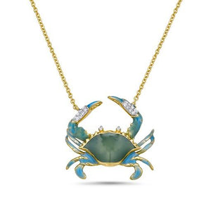 14K ENAMEL BLUE CRAB PENDANT WITH 18 DIAMONDS 0.065CT ON 18 INCHES CABLE CHAIN
