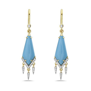 14K DROP EARRINGS WITH 46 DIAMONDS 0.175CT &  2 RECON TURQUOISE, 22MMX13MM