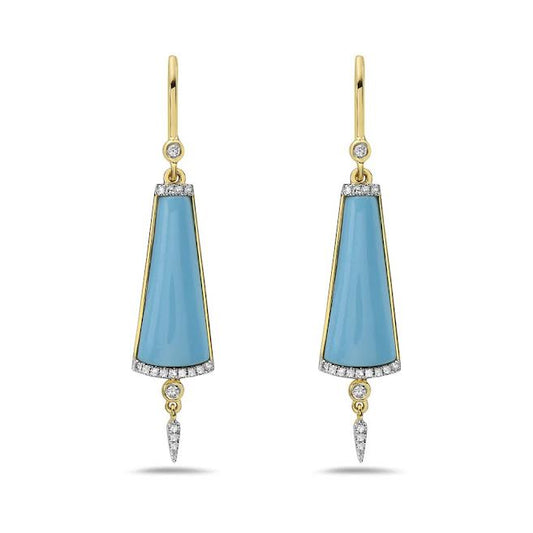 14K 2 RECON TURQUOISE DROP EARRINGS WITH 36 DIAMONDS 0.16CT, 24MMX13MM