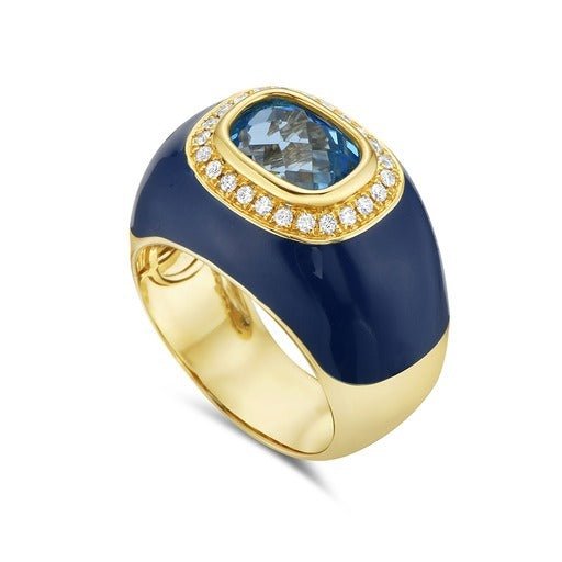 14K ROYAL BLUE ENAMEL RING WITH 24 DIAMONDS 0.19CT AND 1 BLUE TOPAZ 3.48CT